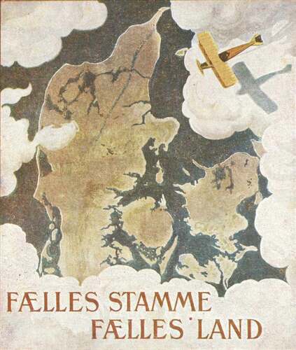 Figure 4c. Danish 1920 voting poster. It combines a view of Denmark seen from an airplane as a map with a text that reads in English: ‘COMMON NATION/TRIBE, COMMON LAND’. It fuses the nation as a people of common descent that is embodied within the cartographic space of the mapped territory, which in turn is conflated with the material shape of the land itself, as imagined to appear to the eye as seen from an impossibly high-flying biplane. (Poster located in the Royal Danish Library’s Picture Collection, http://www5.kb.dk/images/billed/2010/okt/billeder/object154868/da/. Accessed 17 December 2020)