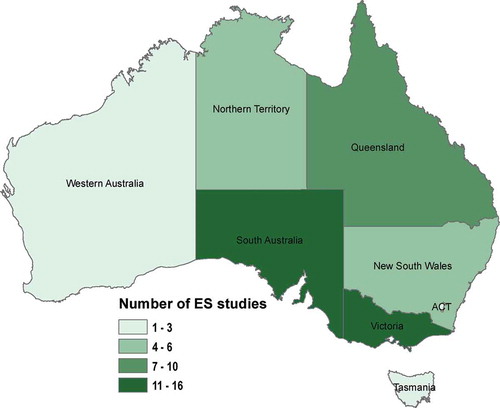 Figure 2. Spatial distribution of ecosystem services research across Australia which are reviewed in the present study.