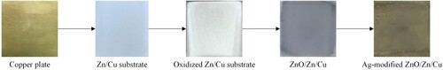 Figure 2. Numerical photographs of Cu plates after each step of synthesis and surface modification of ZnO thin films.