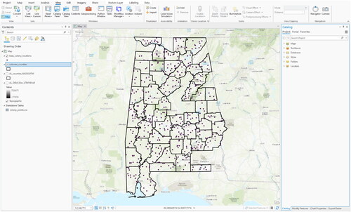 Figure 16. The results of exporting the selected data to a new shapefile. The new shapefile, colony_counties, depicts only the counties that have colonies inside them.