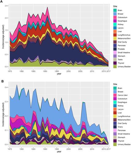 Figure 2 Trend in suicide rate for different gender, 1975–2017. (A) Suicide rate for male patients, (B) suicide rate for female patients.