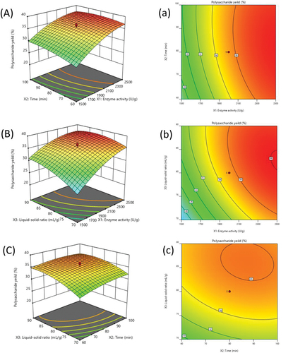 Figure 2. Three-dimensional surfaces (A, B and C) and two-dimensional contour plots (a, b and c) showed effects of time, liquid-solid ratio and time on the yield of DOP.