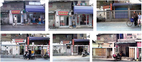 Figure 5. The transformation of a restaurant and hair salon over time (from left to right, top to bottom): In early 2007; in 2008; in early 2009, after the fence, the restaurant had to remain closed due to lack of access; in late 2009, after the removal of individual poles; in early 2010; in the summer of 2011, after incorporating the space in-between the former facades and the fence as business spaces. (Photographs: Deljana Iossifova).