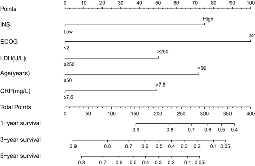 Figure 4 A prognostic nomogram based on INS for newly diagnosed multiple myeloma patients. The nomogram for predicting 1-, 3- and 5-year survival probability in newly diagnosed multiple myeloma patients.