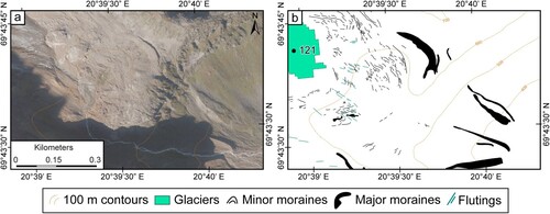 Figure 2. Moraines in the recently deglaciated foreland of glacier ID 121: (a) image from norgeibilder.no (24/08/2016), (b) subset of resulting map (presented at 1:4000 scale; glacier mapped on Sentinel-2B imagery from 07/09/2018). The densely spaced, small moraines are mapped as lines representing their crests, whereas the broader moraines, in places composed of multiple bifurcating/superimposed ridges (e.g. far right) are mapped as polygons. Note there are also some flutings in the foreland (mapped as lines) which are aligned perpendicular to the moraines. Approximate image location: 69°43′37.85″N, 20°39′10.01″E.
