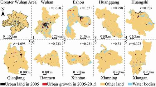 Figure 2. Urban land change in the Greater Wuhan Area during 2005–2015 (r represents the ratio of urban growth area to the urban area in 2005).
