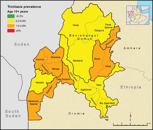 Figure 3. Distribution of trichiasis prevalence in ≥15-year-olds at evaluation unit level, Global Trachoma Mapping Project, Benishangul Gumuz, Ethiopia, 2013–2014.