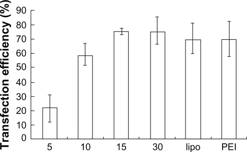 Figure 6b The transfection efficiencies of PEG-PEI/siRNA at different N/P ratios (N/P = 5, 10, 15, 30), lipo2000 and PEI (25 KD) measured by flow cytometry (mean ± SD, n = 3).Abbreviations: PEG-PEI, polyethylene glycol-polyethyleneimine; N/P, charge ratio between amino groups of PEG-PEI and phosphate groups of siRNA; SD, standard deviation.