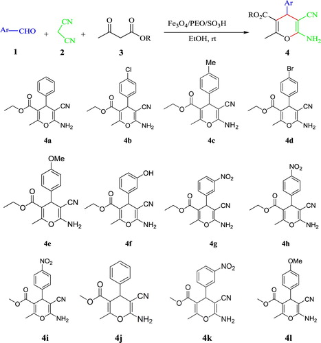 Scheme 1. Synthesis of 2-amino-4H-pyrans by using Fe3O4/PEO/SO3H nanocatalyst.