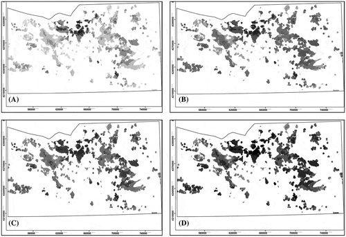 Figure 4. Grey-scale synthesized fuzzy favourability maps obtained using γ value of (A) 0.75, (B) 0.80, (C) 0.85, and (D) 0.90. Combined fuzzy favourability ranges from minimum (white) to maximum (black).