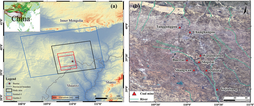 Figure 1. Geographic location of the study area. (a) Topography of the study area and coverage of SAR datasets; (b) optical image of the study area.