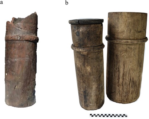 Figure 22. Image A) showing cartridge case from Hazardous, it has a diameter of 155 mm (6.1 in) and was suitable for the 18-pounder charges. Image B) showing cartridge cases from Invincible 1758, scale is 20 cm with 1 cm increments (photos Daniel Pascoe).