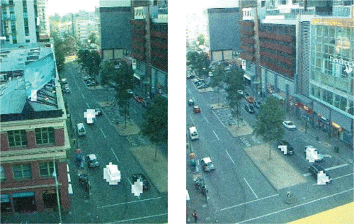 Figure 14. Two sample output frames: moving camera scenario with additive noise of variance 30. Source: Photograph by the author.