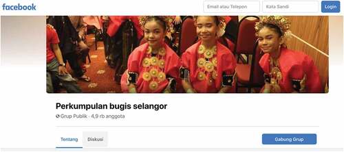 Figure 4. Perkumpulan Bugis Selangor’s Facebook Account (accessed from https://www.facebook.com/groups/241274762615935/about).