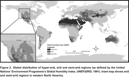 Figure 2. Global distribution of hyper-arid, arid and semi-arid regions (as defined by the United Nations Environment Programme's Global Humidity Index, UNEP/GRID, Citation1991). Inset map shows arid and semi-arid regions in western North America.