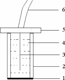 Figure 1 Structure of PbS-PVC membrane electrode: 1, sensitivity membrane; 2, PVC tube; 3, Ag/AgCl coated wire internal reference electrode; 4, internal solution; 5, electrode base; and 6, electrode wire.