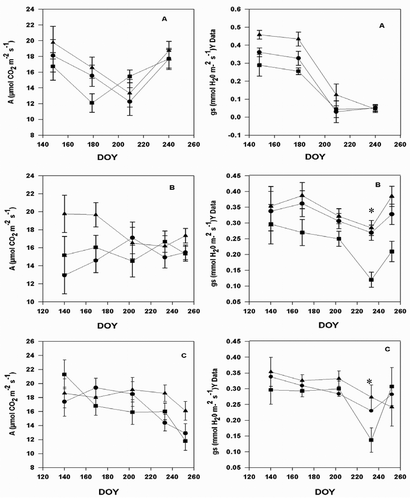 Figure 4. Seasonal course of photosynthesis, and conductance in grapevine cultivars: Concord (square), Pinot noir (triangle), and Traminette (circle) in Citation2004 (A), 2005 (B), and 2006 (C) growing seasons. Bars not visible indicate standard error smaller than symbol. DOY: Day of the year. Asterisks denote significant differences between treatments for each cultivar.