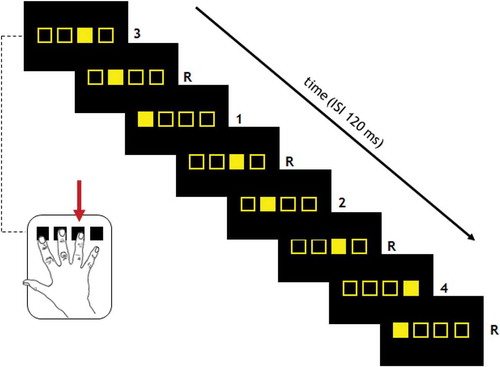 Figure 1. Design of the alternating serial reaction time task in which consecutive trials form an eight-element sequence of which the location of the first, third, fifth, and seventh element are fixed (3, 1, 2, 4) and alternated with elements with a random location (R). Each trial requires a press on the button that corresponds with the location of the yellow square on the screen. The inter-stimulus interval (ISI) was 120 ms.