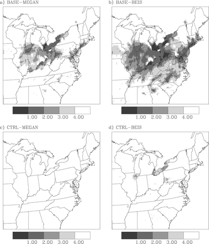 Figure 5. Maps of the H2O2/HNO3 indicator ratio for the four model simulations. (a) BASE-MEGAN, (b) BASE-BEIS, (c) CTRL-MEGAN, and (d), CTRL-BEIS. The indicator ratio was computed from average 12:00 to 5:00 p.m. concentrations for May 15 to September 30, 2002.