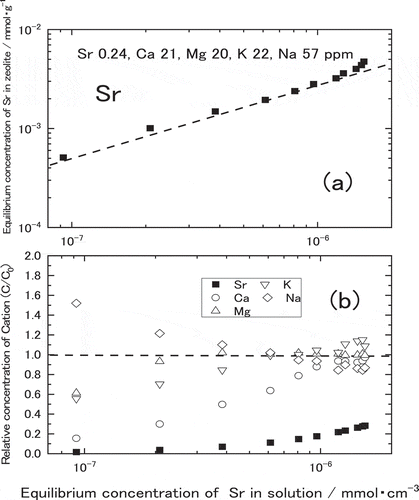 Figure 13. Sr adsorption isothermal of Akita-Futatsui contacted with the simulated groundwater and the breakthrough curves of cations in the equilibrium batch experiment repeated 11 times; (a) adsorption of Sr in zeolite, (b) relative concentrations of cations. The broken line is a least square fit of Langmuir equation