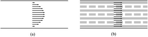 Figure 3. Flow velocity profile through an empty cavity (a) and assumed volume-averaged (superficial) flow velocity profile through a porous cavity (b).