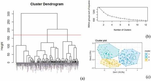 Figure 4. (a) Dendrogram showing the three identified clusters. (b) Scree plot showing a slow decrease in inertia after k = 3. (c) Visualized k-means cluster plot.