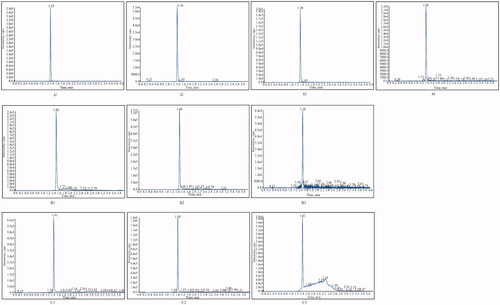 Figure 2. Typical chromatograms of different samples (A1) Tadehaginoside in blank plasma; (A2) Tadehaginoside in blank matrix (spleen); (A3) Plasma sample at 5 min after intravenous administration of tadehaginoside; (A4) Kidney sample at 30 min after intravenous administration of tadehaginoside; (B1) Blank plasma spiked with IS; (B2) Blank matrix (spleen) spiked with IS; (B3) Plasma sample at 5 min after intravenous administration spiked with tadehaginoside and IS; (C1) HYD in Blank plasma; (C2) Plasma sample at 5 min after intravenous administration spiked with HYD; (C3) Plasma sample at 5 min after intragastric administration 5 min spiked with HYD.