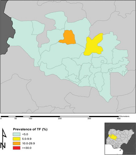 Figure 1. Prevalence of trachomatous inflammation – follicular (TF) in 1–9-year-old children, by local government area, Niger State, Nigeria, Global Trachoma Mapping Project, 2014.