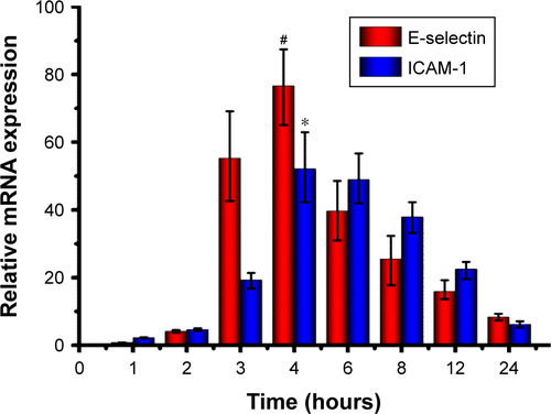 Figure S1 Relative gene expression levels of E-selectin and ICAM-1 in human aortic endothelial cells stimulated with 1 µg/mL lipopolysaccharide for different periods of time (mean ± SD; n=3; *P<0.05 and #P<0.05 compared with that of 2 hours).