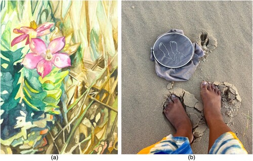 Figure 1. (a) Sea Roses at Droster’s Gat. (b) Strandlooping with my feet and more-than-human feet (later stitched into the Mother Hydro-rug).