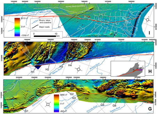 Figure 3. Aeromagnetic context of the Buller–Nelson–Marlborough part of the Alpine/Wairau Fault from southwest (inset G) to northeast (inset I). The images from the Murchison and Nelson–Marlborough Geophysical Surveys show total magnetic intensity residual anomalies, reduced to pole, blended with a northwest illumination. Note, same colour scale applies to different anomaly ranges for each survey. Labelled features are described in Table 3. Alpine/Wairau Fault trace (red) extracted from Heron (Citation2014).