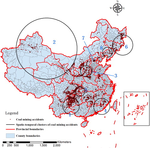 Figure 10. Map to show spatio-temporal clusters of Chinese coal mining accidents.