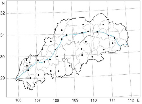 Figure 1. Distribution of 33 meteorological stations over the TGR.