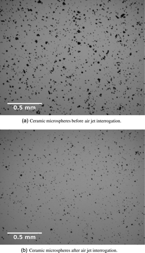 FIG. 4 Microscope images of ceramic microspheres on glass, both before and after interrogation, by an air jet pulse (2.5 mm diameter nozzle, 207 kPa reservoir pressure, 152 mm standoff distance).