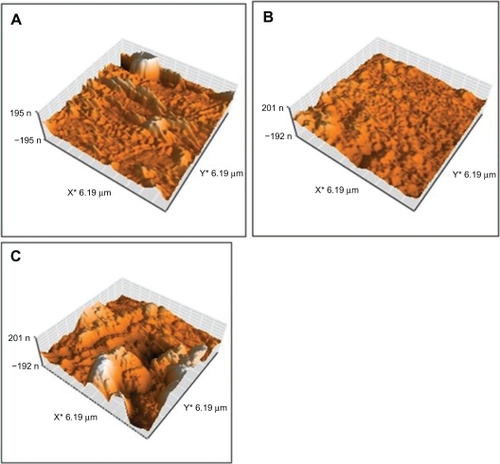 Figure 5 Topography of irradiated polystyrene by oxygen plasma at A) 30 seconds, B) 60 seconds, and C) 180 seconds.