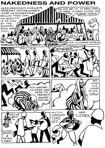 Figure 1. First page of the nine-page graphic narrative, Nakedness and Power, which first appeared in World War 3 Illustrated in 2004, with art by Seth Tobocman, text by Terisa E. Turner and Leigh Brownhill, and ink by Laird Ogden. The comic was selected by Harvey Pekar and Anne Elizabeth Moore as one of the Best American Comics of 2006 (Tobocman, Turner, and Brownhill 2006).