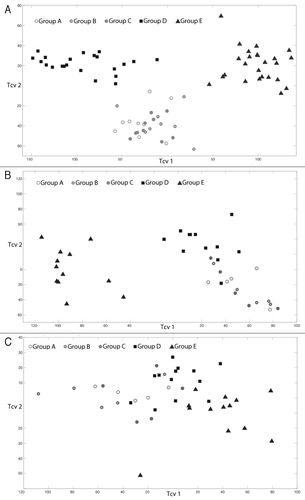 Figure 4. O-PLS-DA cross-validated scores plot derived from 1H NMR spectra of urine (A) and plasma (B) and (C) [NOESY (B) and CPMG (C) acquisition] from mice harboring three bacteria (groups A, B and C; males), nine bacteria (group D; males) and eight bacteria (group E, females).