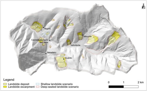 Figure 6. Landslide scenarios for deep-seated and shallow landslides of the slide type.