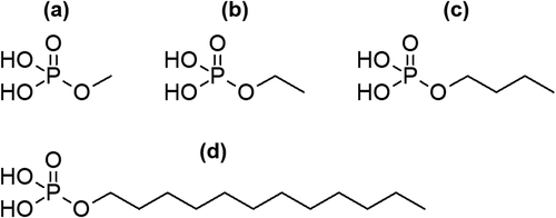 Figure 1. Molecular structures of (a) methyl phosphate, (b) ethyl phosphate, (c) butyl phosphate and (d) dodecyl phosphate.