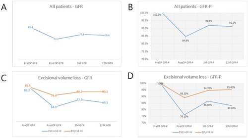 Figure 3 (A-B) The trend of GFR and GFR-P before and after partial nephrectomy in all patients. (C-D) The trend of GFR and GFR-P in patients with an EVL of ≥16 mL or <16 mL.