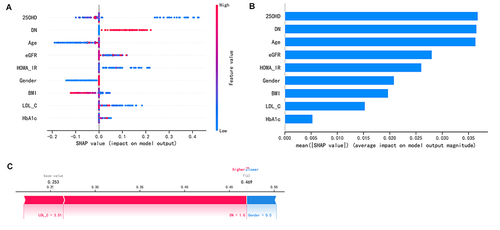 Figure 5 Feature Importance bar chart and SHAP summary chart. (A) The left dot plot represents the direction of contribution of each value of each variable, with red representing larger values and blue representing lower values of each variable. (B) The bars on the right represent the importance of the variables and their overall contribution to the model predictions. (C) SHAP scores explain the predicted risk of osteoporosis in one subject.