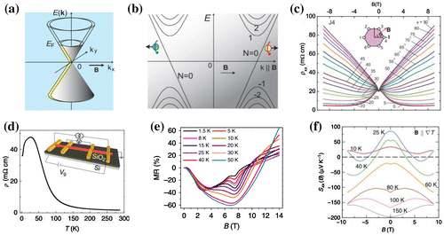 Figure 2. The negative magnetoresistance in Dirac semimetals. (a) The Dirac cone shift under an external magnetic field in Dirac semimetal Na3Bi [Citation94]. When an external magnetic field is applied, the degenerate Dirac point will split into two Weyl nodes along the magnetic field direction in the momentum space. Thus a Dirac semimetal is transformed into a Weyl semimetal. (b) The chiral anomaly effect [Citation94]. When the magnetic field is parallel to the electric field, the chiral anomaly effect occurs, rendering the charge imbalance between the two Weyl nodes. Thus a chiral current happens, leading to an additional electric conductivity and the observed negative magnetoresistance. (c) The angle dependent experiment of magnetotransport [Citation94]. Apparently the negative magnetoresistance decreases with the magnetic field direction deviating from the electric field direction and finally disappears when the magnetic field is perpendicular to the electric field. (d) Dirac semimetal Cd3As2 [Citation104]. The resistance–temperature (R–T) curve shows a typical low-carrier density behavior. (e) The negative magnetoresistance at different temperature [Citation104]. (f) The chiral anomaly-induced thermal power suppression effect [Citation132].