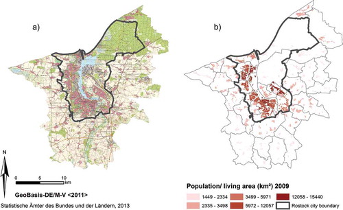Figure 1. The urban region of Rostock. (a) Digital topographical map (DTK). (b) The population per living area alongside the administrative boundaries of the individual districts belonging to the city and the overall urban region.
