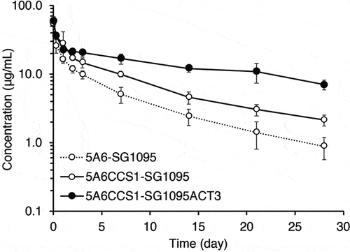 Figure 5. Pharmacokinetics of 5A6-SG1095, of 5A6CCS1-SG1095, and 5A6CCS1-SG1095 in human FcRn transgenic mice. Time profiles of plasma concentration of 5A6-SG1095, of 5A6AM1-SG1095, and 5A6CCS1-SG1095 after intravenous injection at 2 mg/mL. Each data point represents the mean ± s.d (n = 3).