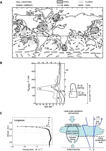 Fig. 9 (A) Global climatology of mesoscale cellular convection depicting the most favoured regions of open and closed mesoscale cellular convection over the oceans (from Agee, Citation1987). (B) Left: The observed Q1, Q2, QR, and Q1 − QR for the undisturbed BOMEX period 22–26 June 1969 (from Nitta & Esbensen, Citation1974). Right: Schematic of trade wind cumulus layer showing effects of condensation c and evaporation e on the heat and moisture budgets (from Johnson & Lin, Citation1997). (C) Left: Longwave heating rate of a stratocumulus-topped boundary layer (from Larson et al., Citation2007). Right: Schematic depiction of the large-scale forcing and physical processes for a stratocumulus-topped boundary layer. LTS is lower troposphere stability and EIS is estimated inversion strength (adapted from Lin et al., Citation2014).