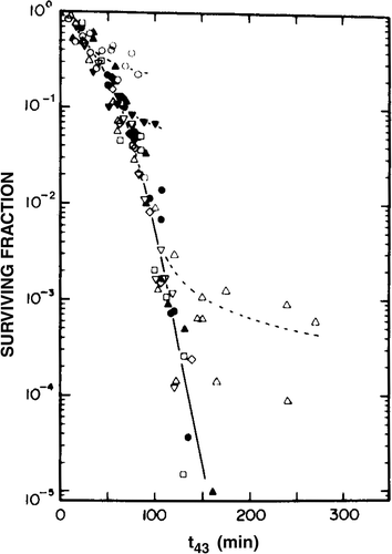 Figure 4. Dose-survival response for asynchronous CHO cells at various temperatures plotted as a function of equiv-min at 43°C. The data at 41.5, 42.0 and 42.5 deviate from a single line. as shown by the dashed lines, due to the development of thermotolerance. Survival curves at the different temperatures are shown in Figure 3. Data are taken from Sapareto et al. Citation[3]. ◯, 41.5; ▾, 42.0: ▵, 42.5; ♦, 43.0; □, 43.5; ▿, 44.0; ◊, 44.5; ˆ, 45.5; and ▴, 46.5°C.