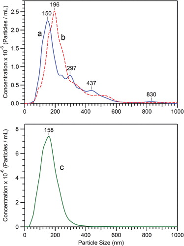 Fig. 1 Size distribution and concentration of D. discoideum EVs samples (Table I), as measured by NTA. EVs were prepared from growth medium after 48 hours of cell growth, either with the usual conditions for the 12,000×g centrifugation (in Eppendorf tubes) (a), or with the 12,000×g centrifugation performed in 30 ml tubes (see Materials and methods) (b). The curve (c) corresponds to EVs remaining in the 12,000×g supernatant, which relates to sample (b) EVs. The 12,000×g pellets (a and b) are concentrated in PBS by factors of 20 and 100, respectively, whereas the 12,000×g supernatant (c) is as obtained after centrifugation.