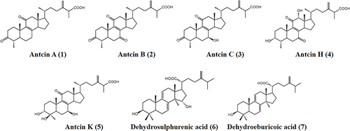 Figure 1 Chemical structure of pure compounds identified in AC. Antcin A (1), Antcin B (2), Antcin C (3), Antcin H (4), Antcin K (5), Dehydrosulphurenic acid (6), and Dehydroeburicoic acid (7).
