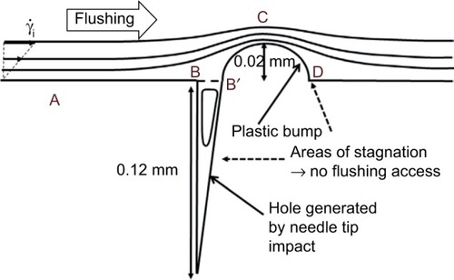 Figure 3 Geometry used for the numerical simulation and representation of the flow lines around and in the vicinity of the succession of a hole and a bump.