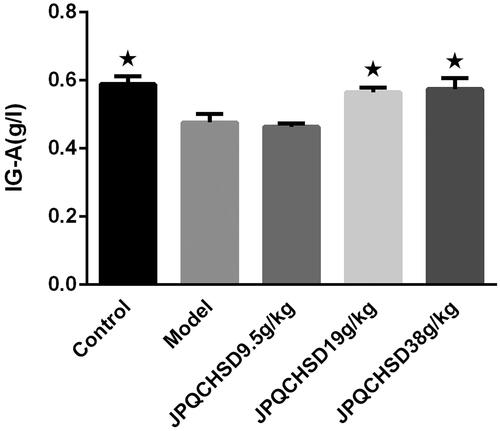 Figure 5. Effects of JPQCHSD on concentration of serum immunoglobulin A (IgA). Compared with the normal group, the content of IgA in the serum of the model was decreased significantly (p < 0.05). Compared with the model group, the IgA content in JPQCHSD 19 g/kg and JPQCHSD 38 g/kg groups were increased (p < 0.05), while the IgA level in the JPQCHSD 9.5 g/kg group was not significantly increased (p > 0.05). ★p < 0.05 as compared to the model group. Data are shown as the mean ± standard deviation. Control, no treatment; Model, TNBS-induced IBD rats.